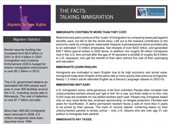 [ai] An informational flyer titled "The Facts: Talking Immigration" discussing immigration statistics. Sections include contributions of immigrants, their learning of English, challenges in immigration, and tax payments.